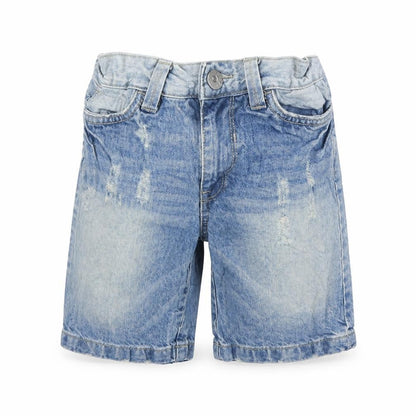 Front view of Preworn boys’ blue cargo shorts, size 8, years