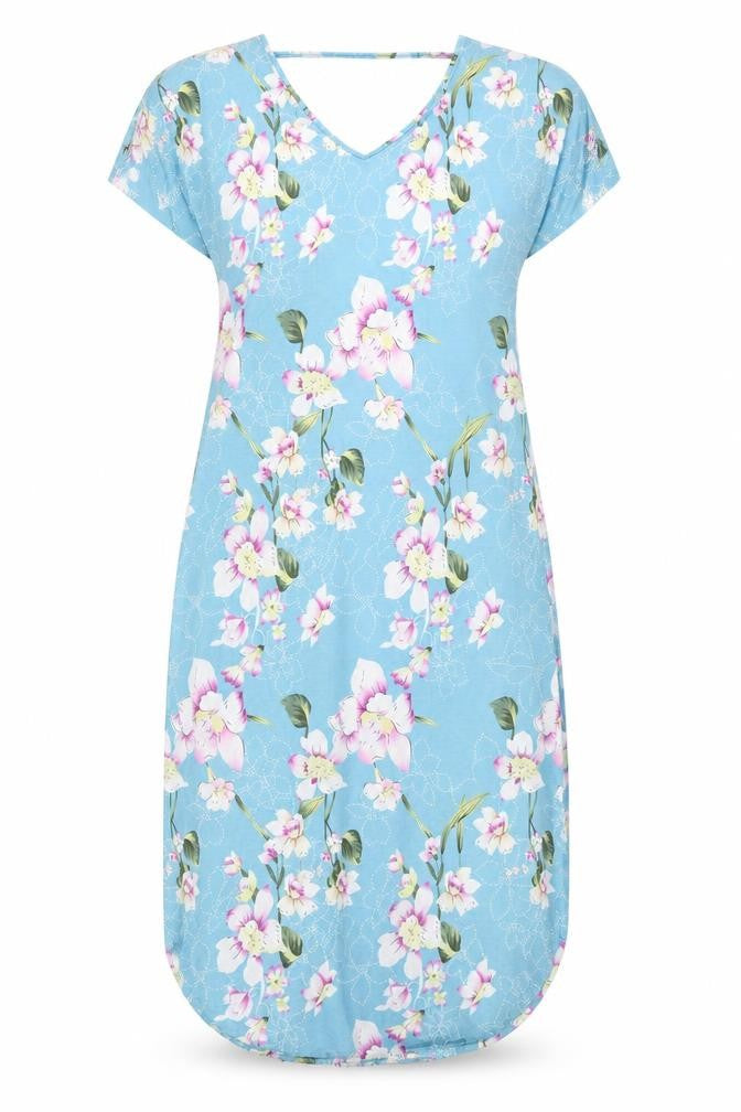 Front view of kidsform women’s blue floral a-line, size L