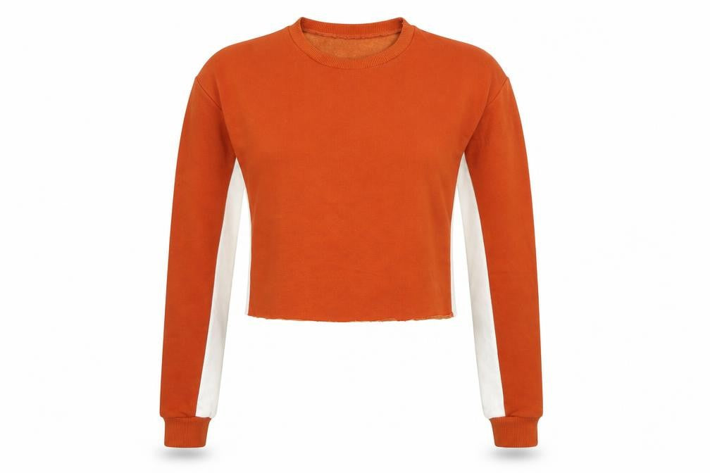 Front view of Boohoo women’s orange striped jumper, size UK 8