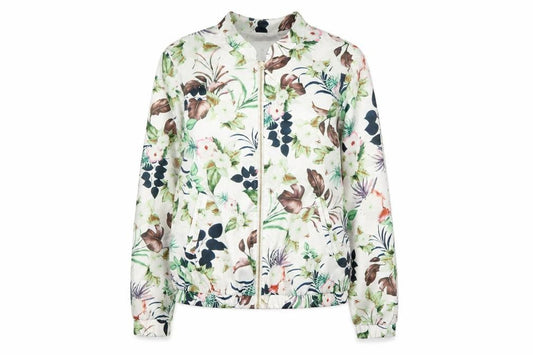 Front view of ICHI women’s white floral jacket coat, size S