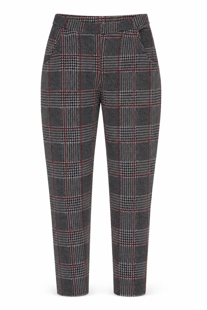 Front view of Boohoo women’s multicoloured check dress pants trousers, size UK 10, 23-inch leg
