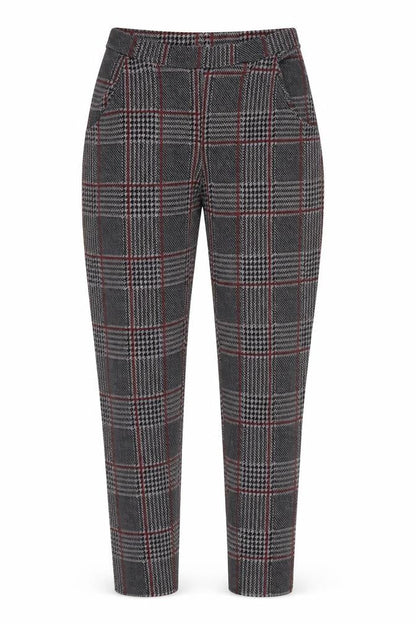 Front view of Boohoo women’s multicoloured check dress pants trousers, size UK 10, 23-inch leg