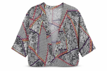 Front view of Peacocks women’s multicoloured geometric cardigan jumper, size M
