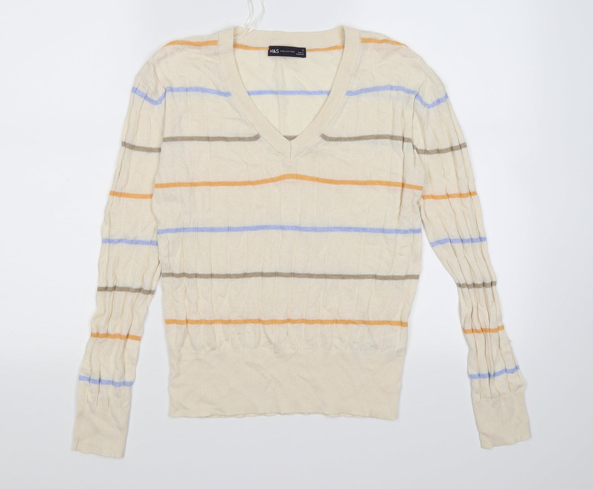 Additional front view of Marks & Spencer women’s beige striped knit jumper, size S