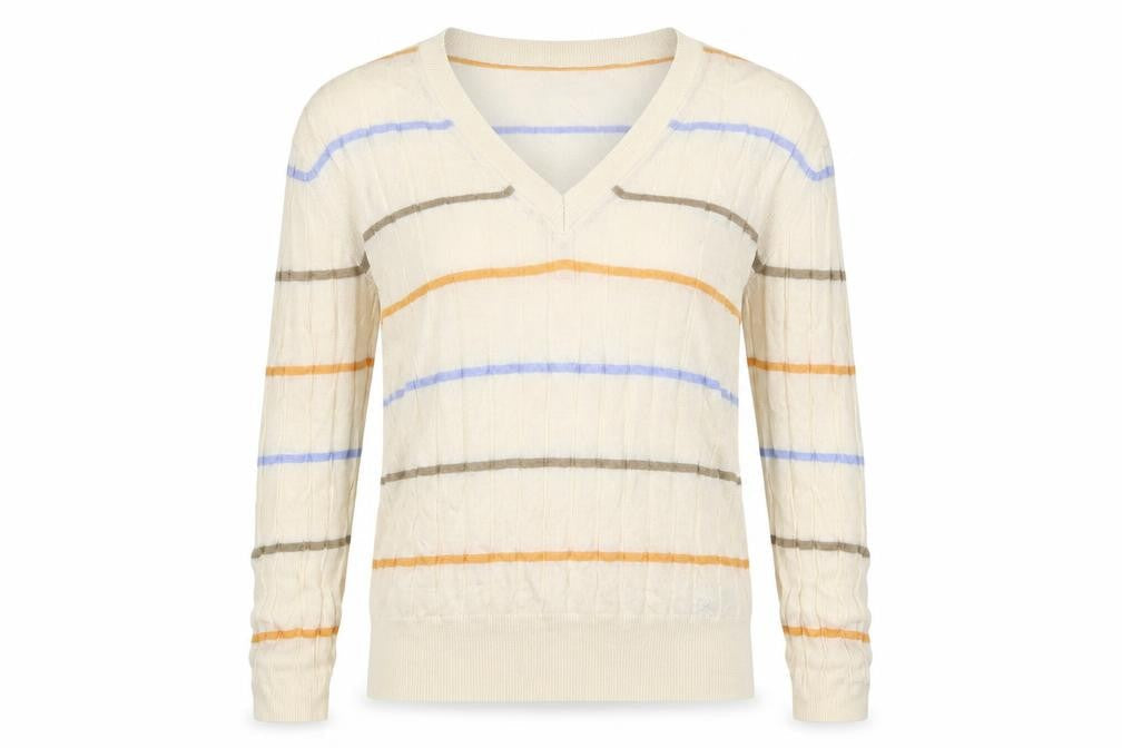 Front view of Marks & Spencer women’s beige striped knit jumper, size S