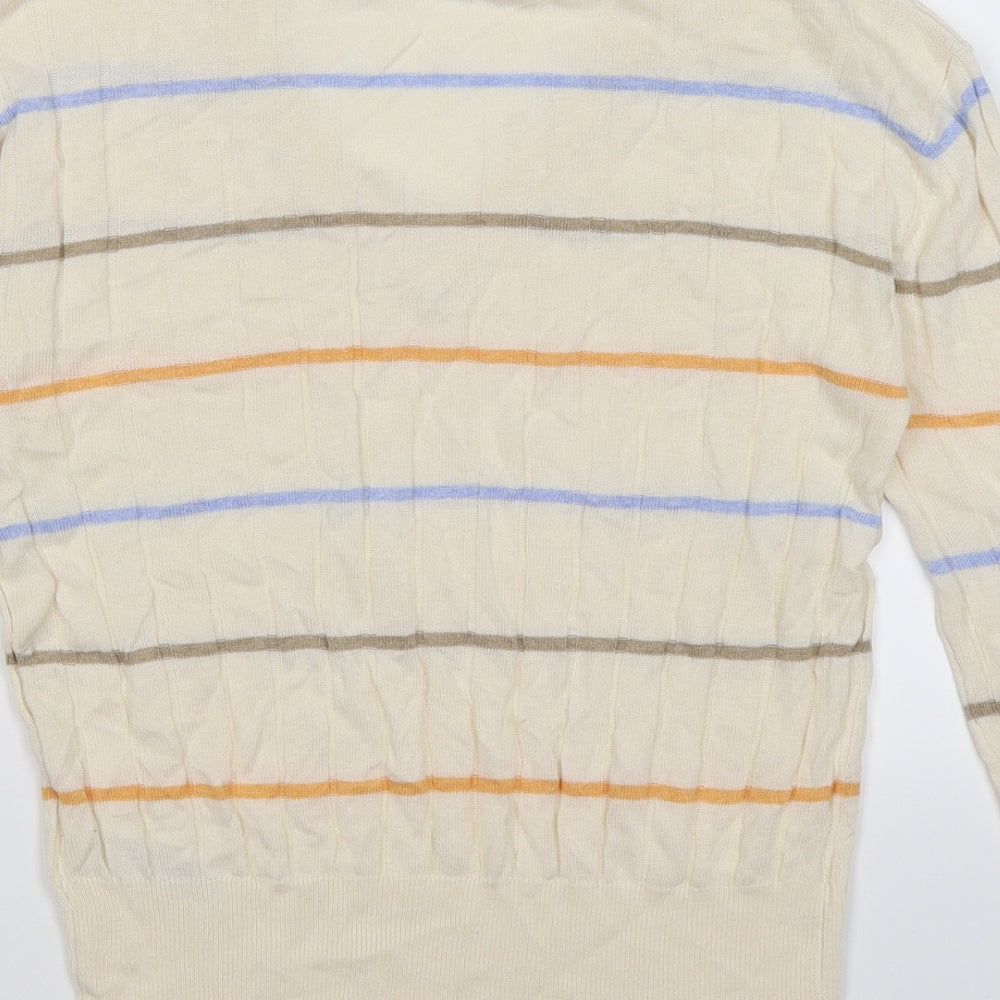 Brand and care label for Marks & Spencer women’s beige striped knit jumper, size S