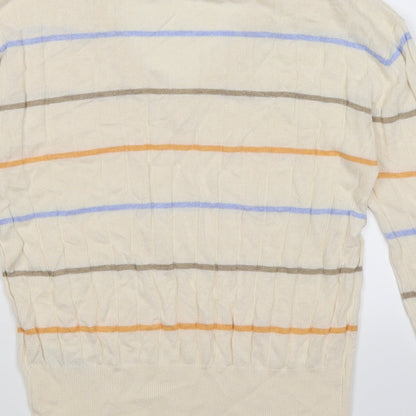 Brand and care label for Marks & Spencer women’s beige striped knit jumper, size S