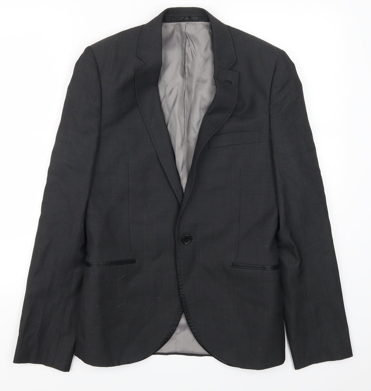 Front view of Topshop men’s grey jacket suit jacket, size 34
