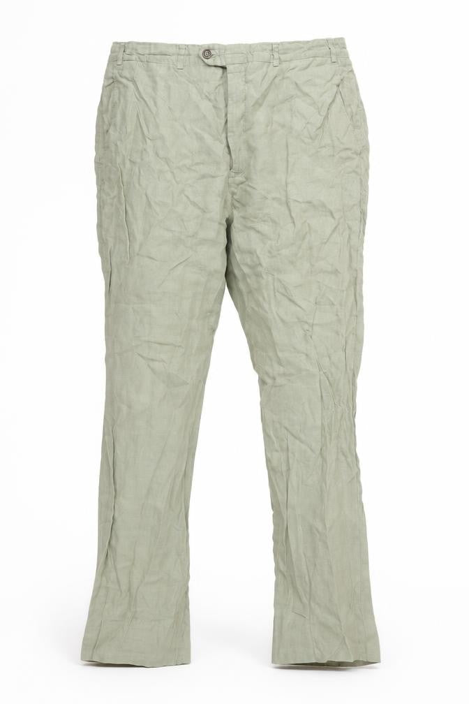 Front view of Preworn women’s green trousers, size UK 34, in, 27-inch leg