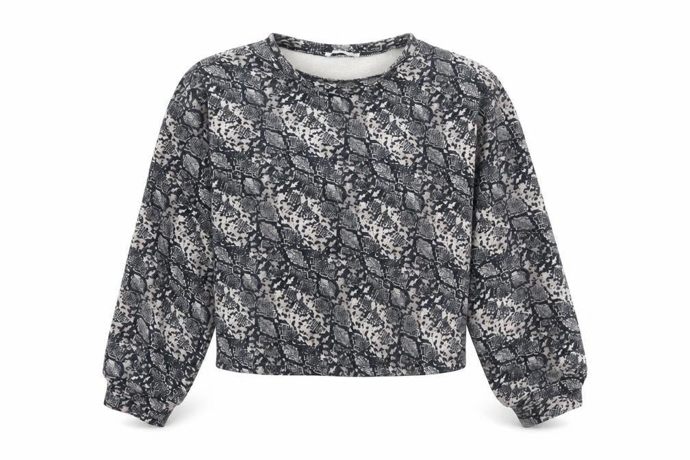 Front view of Zara women’s grey animal print pullover sweatshirt, size M