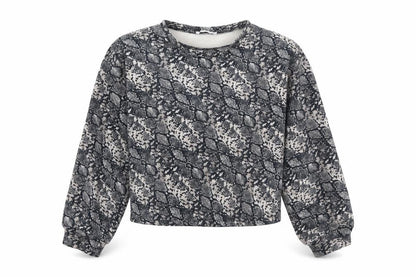 Front view of Zara women’s grey animal print pullover sweatshirt, size M