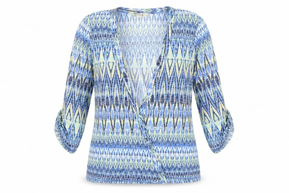Front view of M&Co women’s blue cardigan jumper, size UK 10