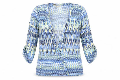 Front view of M&Co women’s blue cardigan jumper, size UK 10