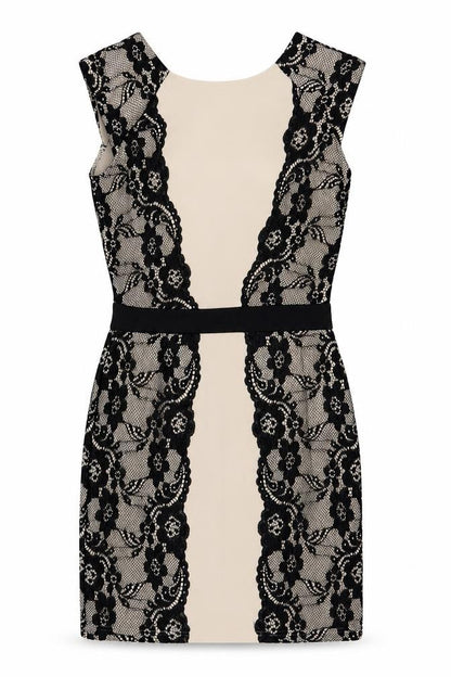Front view of Boohoo women’s ivory bodycon, size UK 8, - lace detail