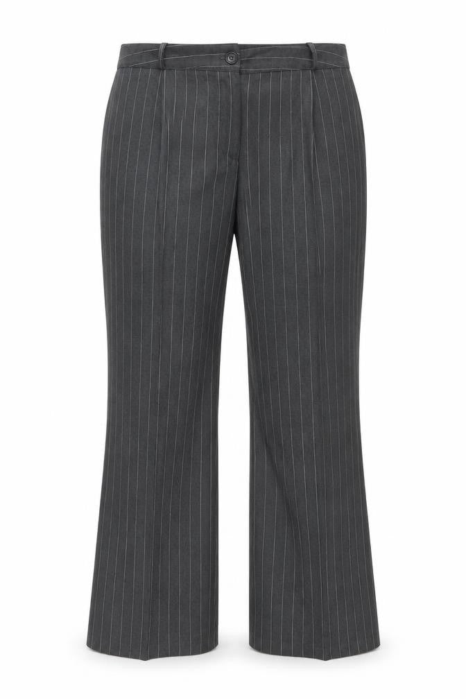 Front view of Preworn women’s grey striped trousers, size UK 20, 29-inch leg