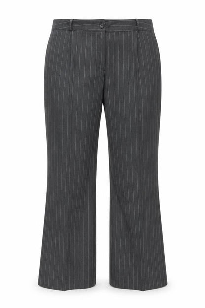 Front view of Preworn women’s grey striped trousers, size UK 20, 29-inch leg