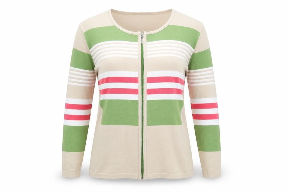 Front view of Text women’s beige striped cardigan jumper, size XL