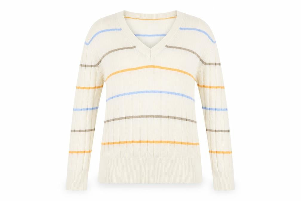 Front view of Marks & Spencer women’s beige striped knit jumper, size S