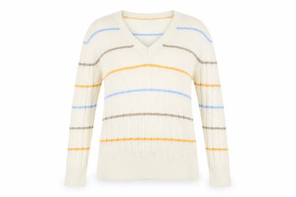 Front view of Marks & Spencer women’s beige striped knit jumper, size S