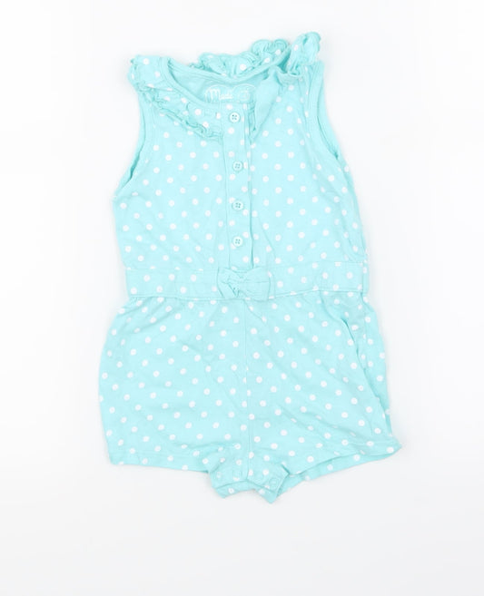 Front view of Young Dimension girls’ blue polka dot babygrow one-piece, size 12-18, months