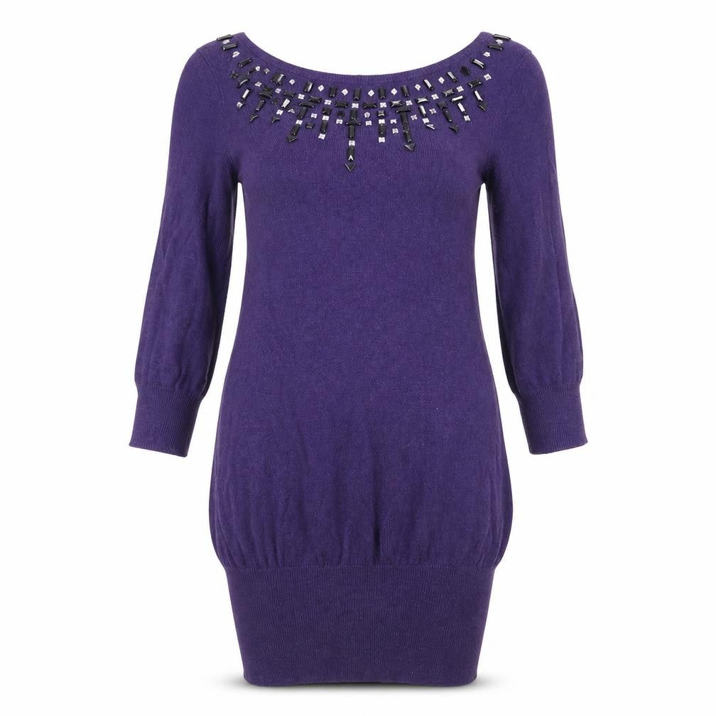 Front view of Dorothy Perkins women’s purple knit jumper dress, size UK 8