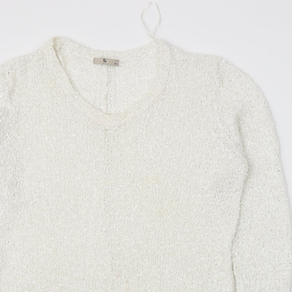 Close-up detail of Tu women’s white jumper, size UK 14