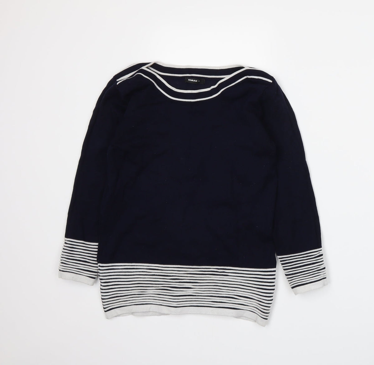 Front view of Roman women’s blue jumper, size UK 10