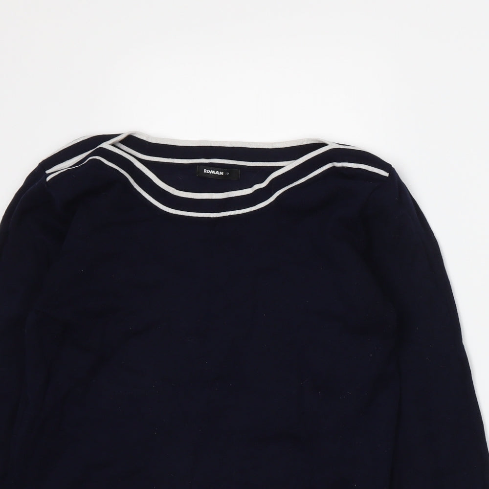 Close-up detail of Roman women’s blue jumper, size UK 10