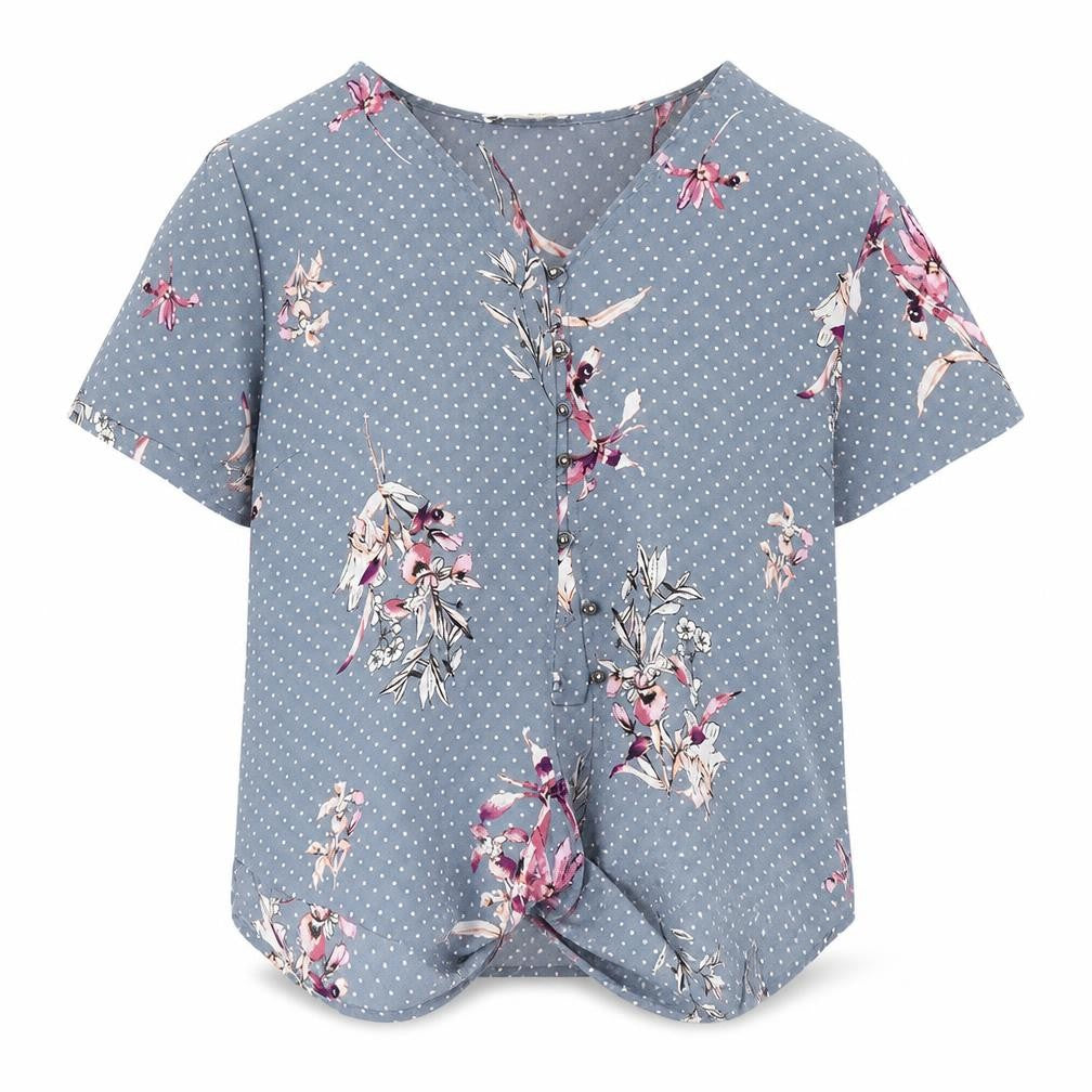 Front view of Urban Romantics women’s blue floral basic blouse, size L
