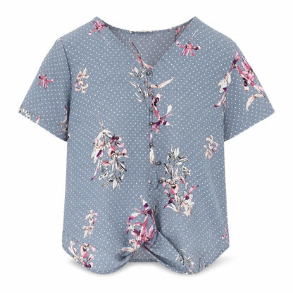 Front view of Urban Romantics women’s blue floral basic blouse, size L