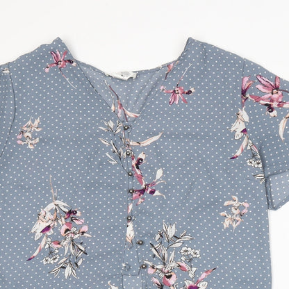 Urban Romantics Womens Blue Floral  Basic Blouse Size L