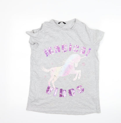 George Girls Grey   Basic T-Shirt Size 13-14 Years  - Unicorn cut out shoulders