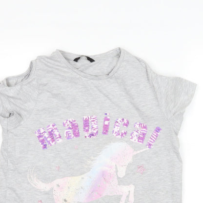 George Girls Grey   Basic T-Shirt Size 13-14 Years  - Unicorn cut out shoulders