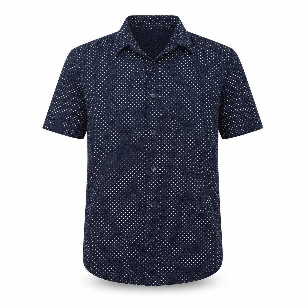 Front view of H&M boys’ blue polka dot basic button-up, size 8-9, years