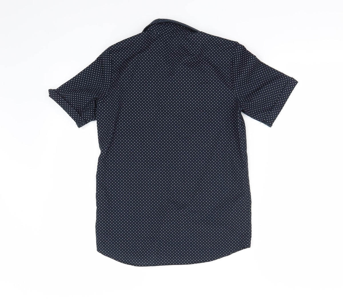 Back view of H&M boys’ blue polka dot basic button-up, size 8-9, years