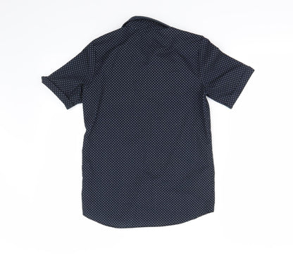 Back view of H&M boys’ blue polka dot basic button-up, size 8-9, years