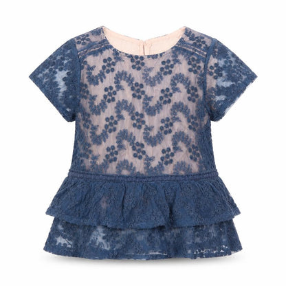 Front view of Next girls’ blue floral basic blouse, size 7, years - embroidered floral layer