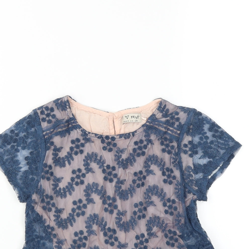 NEXT Girls Blue Floral  Basic Blouse Size 7 Years  - embroidered floral layer