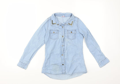 Additional front view of Miss Evie girls’ blue basic button-up, size 8-9, years