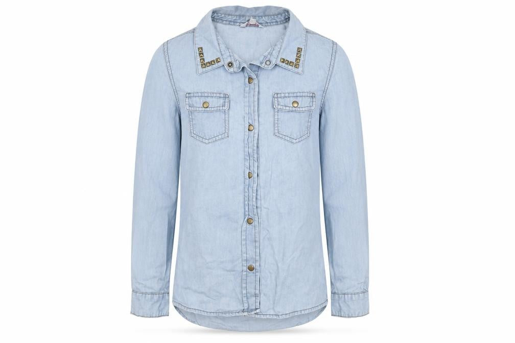 Front view of Miss Evie girls’ blue basic button-up, size 8-9, years