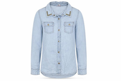 Front view of Miss Evie girls’ blue basic button-up, size 8-9, years