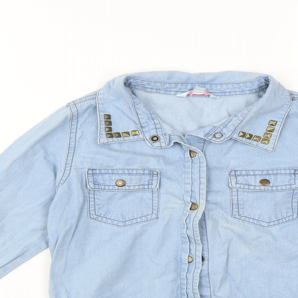 Close-up detail of Miss Evie girls’ blue basic button-up, size 8-9, years