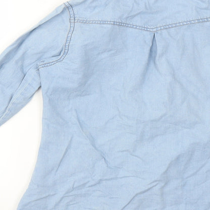 Brand and care label for Miss Evie girls’ blue basic button-up, size 8-9, years