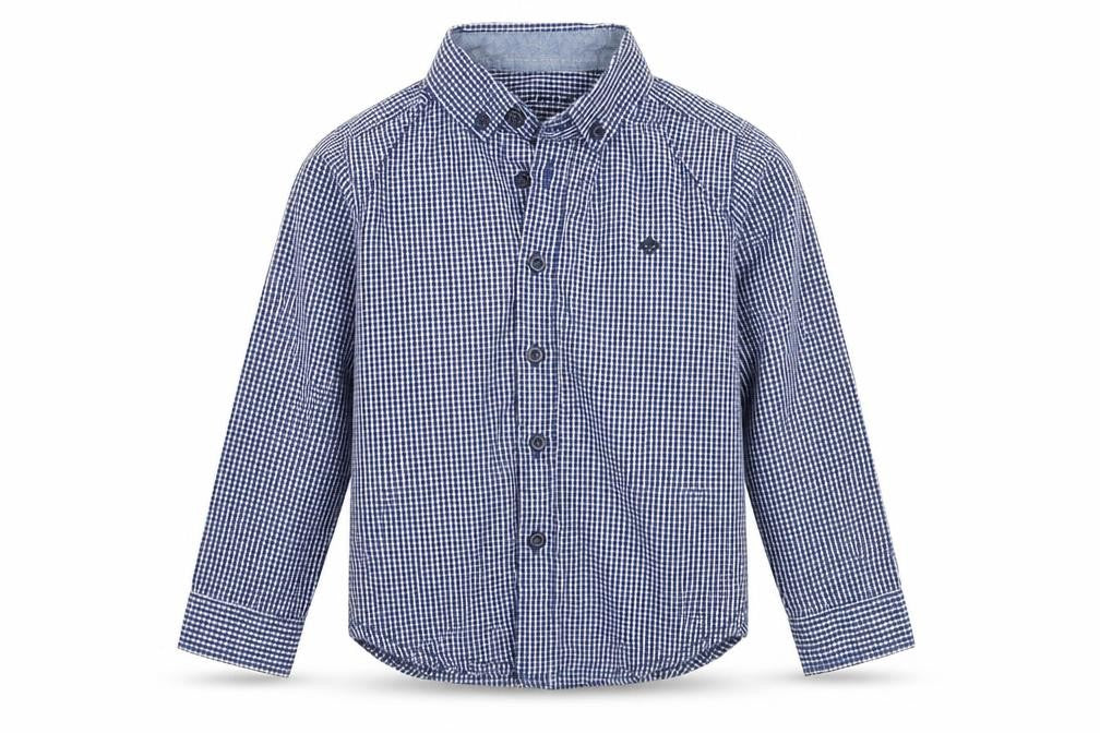 Front view of Primark boys’ blue check basic button-up, size 2-3, years