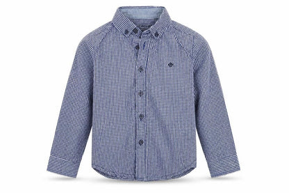 Front view of Primark boys’ blue check basic button-up, size 2-3, years