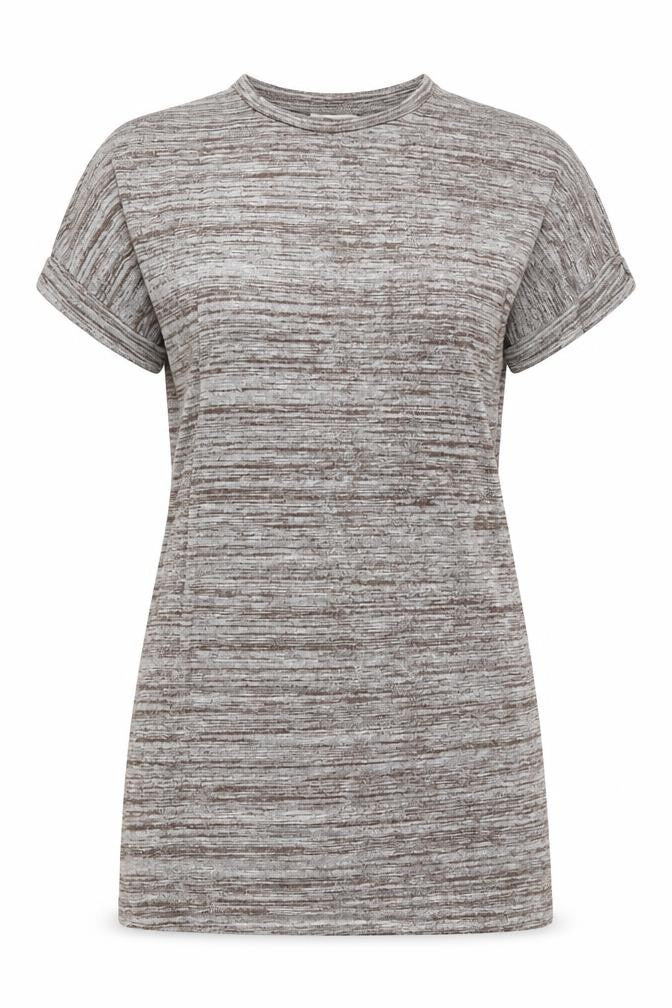 Front view of JCL women’s brown striped jersey basic t-shirt, size M