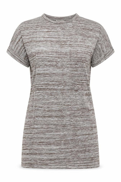 Front view of JCL women’s brown striped jersey basic t-shirt, size M