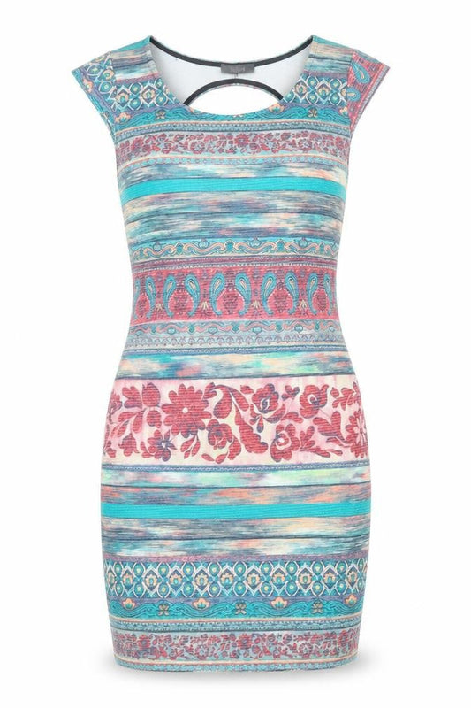 Front view of Kiah women’s multicoloured geometric jersey bodycon, size UK 12, - open back