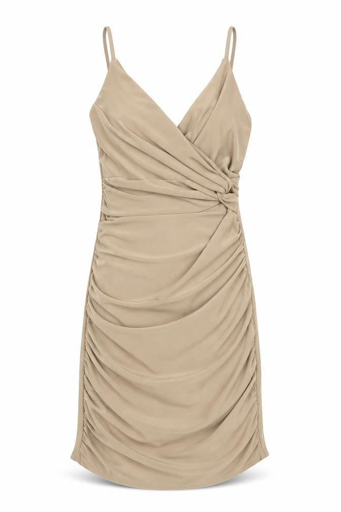 Front view of Kiah women’s beige jersey slip dress, size UK 10, - ruched