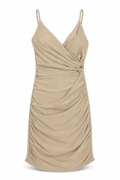 Front view of Kiah women’s beige jersey slip dress, size UK 10, - ruched